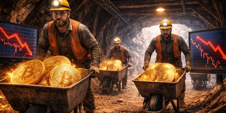 Mineros de Bitcoin moviendo monedas de BTC en carretillas dentro de una cueva.