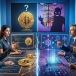 Personas debatiendo sobre la cuántica en una mesa, con un logo de bitcoin y de una computadora cuántica de fondos.
