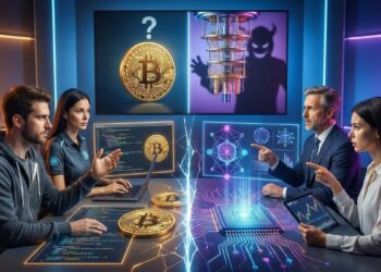 Personas debatiendo sobre la cuántica en una mesa, con un logo de bitcoin y de una computadora cuántica de fondos.