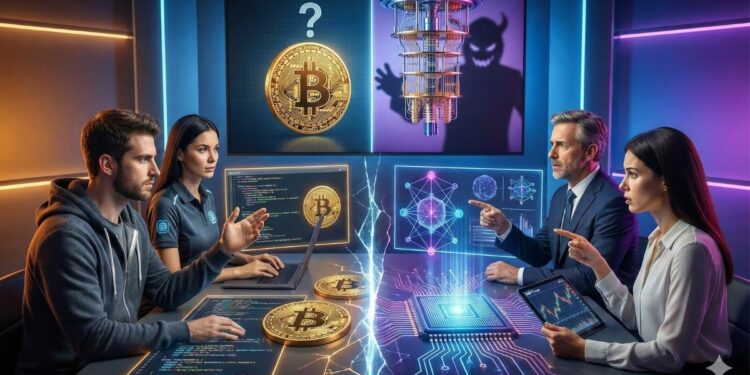Personas debatiendo sobre la cuántica en una mesa, con un logo de bitcoin y de una computadora cuántica de fondos.