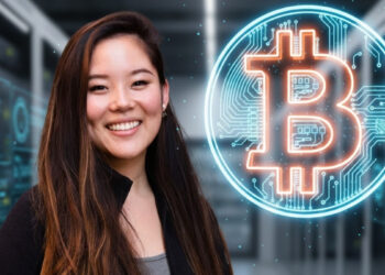 Foto de Gloria Zhao al lado de un logo de Bitcoin