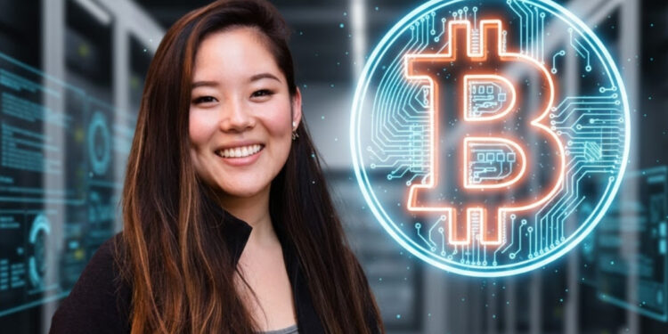 Foto de Gloria Zhao al lado de un logo de Bitcoin