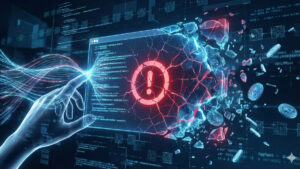 Imagen de una mano sobre una web, en azul toda la imagen, demostrando el hackeo.