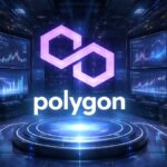 El logo de la red Polygon en un centro de computación con pantallas con datos y símbolos financieros.