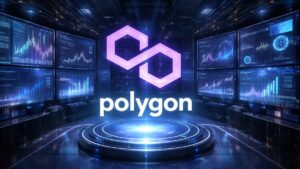 El logo de la red Polygon en un centro de computación con pantallas con datos y símbolos financieros.