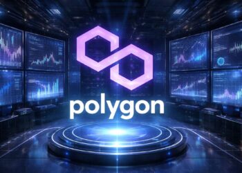 El logo de la red Polygon en un centro de computación con pantallas con datos y símbolos financieros.