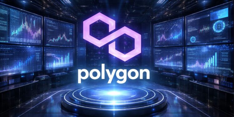 El logo de la red Polygon en un centro de computación con pantallas con datos y símbolos financieros.