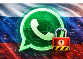 El logo de la aplicación Whatsapp con un candado rojo y la bandera de Rusia de fondo.