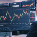 Pantalla de PC con el gráfico de S&P500 cerca de máximos históricos, debajo Bitcoin con mínimo peor en 1 año, y un hombre observando los gráficos