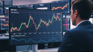 Pantalla de PC con el gráfico de S&P500 cerca de máximos históricos, debajo Bitcoin con mínimo peor en 1 año, y un hombre observando los gráficos