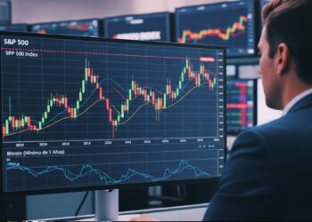Pantalla de PC con el gráfico de S&P500 cerca de máximos históricos, debajo Bitcoin con mínimo peor en 1 año, y un hombre observando los gráficos