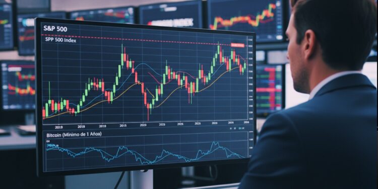 Pantalla de PC con el gráfico de S&P500 cerca de máximos históricos, debajo Bitcoin con mínimo peor en 1 año, y un hombre observando los gráficos