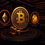 Sala de juegos de Casino con mesa de poker al centro y las criptomonedas ETH, BTC y DOGE de canto al cento.