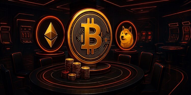 Sala de juegos de Casino con mesa de poker al centro y las criptomonedas ETH, BTC y DOGE de canto al cento.