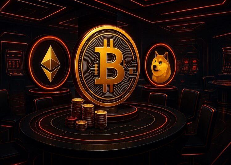 Sala de juegos de Casino con mesa de poker al centro y las criptomonedas ETH, BTC y DOGE de canto al cento.