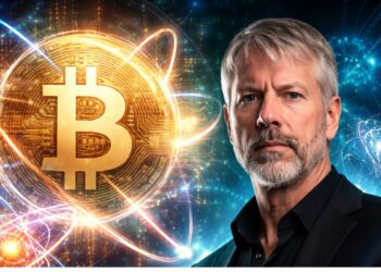Michael Saylor, fundador de Strategy, junto a una moneda de Bitcoin.