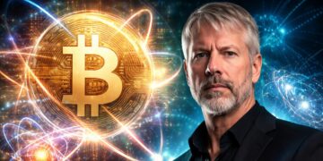 Michael Saylor, fundador de Strategy, junto a una moneda de Bitcoin.