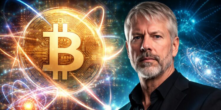 Michael Saylor, fundador de Strategy, junto a una moneda de Bitcoin.