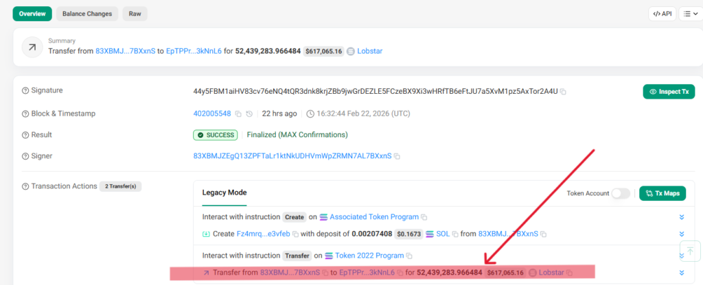 Captura de pantalla de la web Solscan con datos de una transacción realizada en el ecosistema Solana.