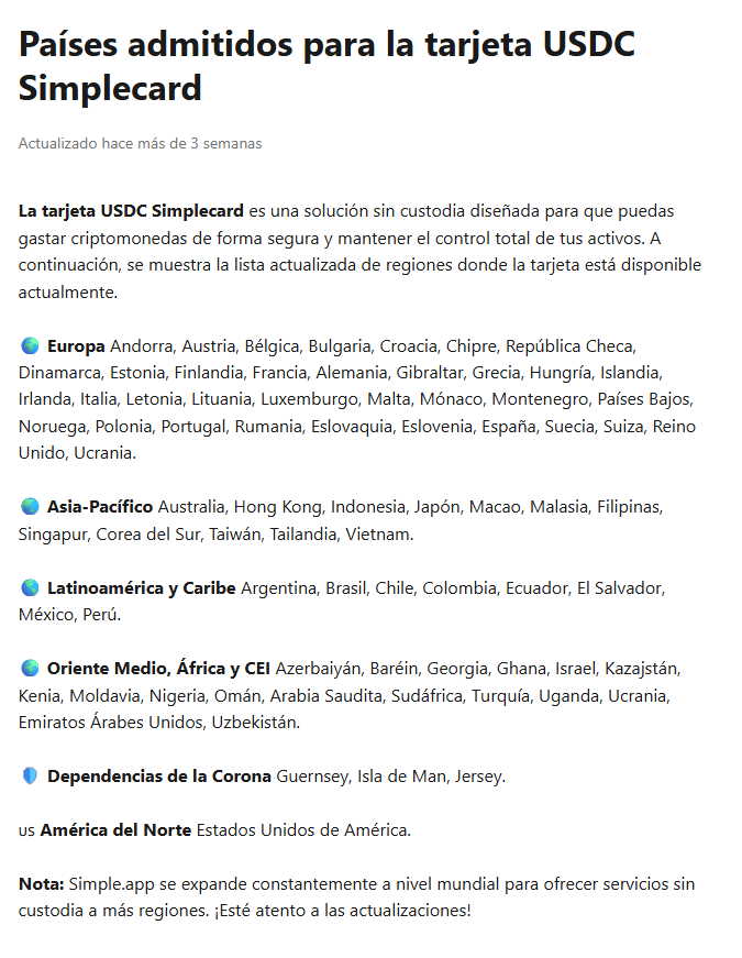 Lista de países admitidos para el uso de la tarjeta USDC de Simple.