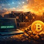 Una computadora, junto a una moneda de Bitcoin y equipos ASIC para minar BTC.