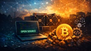 Una computadora, junto a una moneda de Bitcoin y equipos ASIC para minar BTC.