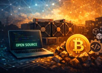 Una computadora, junto a una moneda de Bitcoin y equipos ASIC para minar BTC.