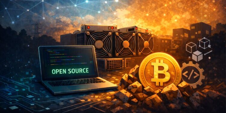 Una computadora, junto a una moneda de Bitcoin y equipos ASIC para minar BTC.