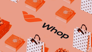 Un tapete con íconos de productos digitales y en el centro la palabra Whop.