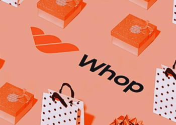Un tapete con íconos de productos digitales y en el centro la palabra Whop.