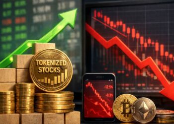 Acciones tokenizadas en alza con flecha verde ascendente frente a Bitcoin y Ethereum cayendo con gráfico rojo bajista.