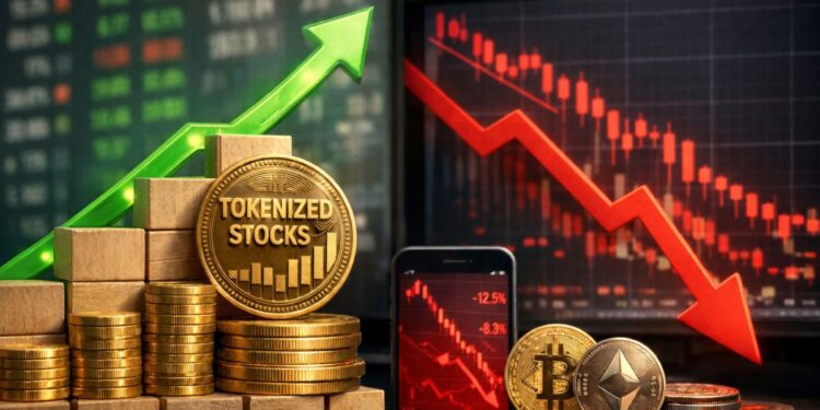 Acciones tokenizadas en alza con flecha verde ascendente frente a Bitcoin y Ethereum cayendo con gráfico rojo bajista.