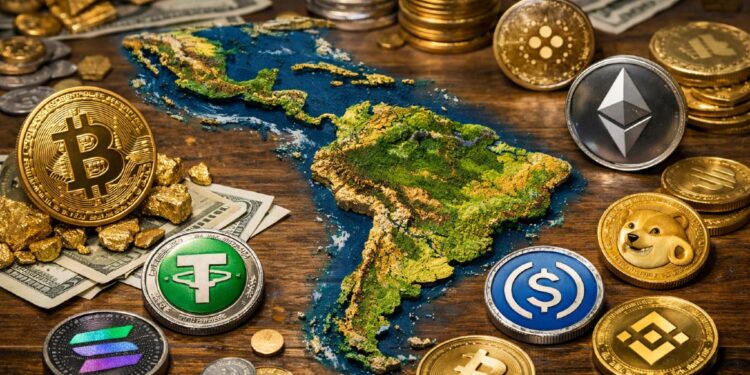 Mapa de Latinoamérica con bitcoin, ether, USDT, USDC y otras criptomonedas.