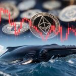 ballena y monedas de Ethereum, y detrรกs grรกficos de precio rojos.