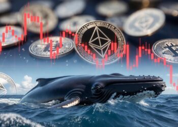 ballena y monedas de Ethereum, y detrás gráficos de precio rojos.
