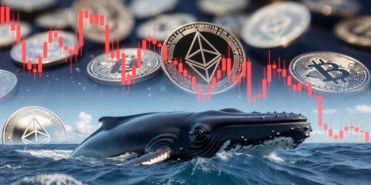 ballena y monedas de Ethereum, y detrás gráficos de precio rojos.