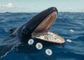 Ballena en el océano con monedas de bitcoin.