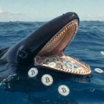 Ballena en el océano con monedas de bitcoin.