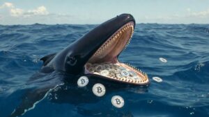 Ballena en el océano con monedas de bitcoin.