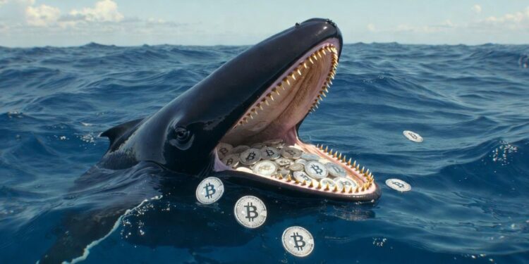 Ballena en el océano con monedas de bitcoin.