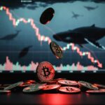 monedas de bitcoin, gráficos de precios en caída iluminados en rojos, y ballenas en el mar.