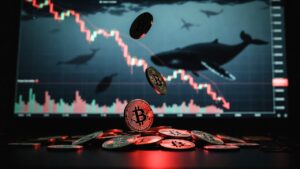 monedas de bitcoin, grรกficos de precios en caรญda iluminados en rojos, y ballenas en el mar.