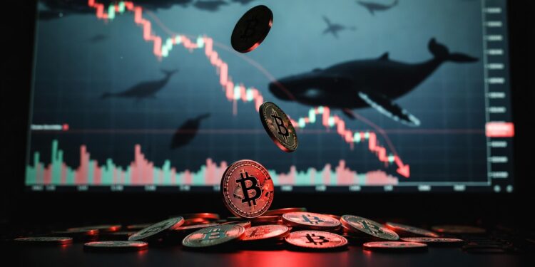 monedas de bitcoin, gráficos de precios en caída iluminados en rojos, y ballenas en el mar.