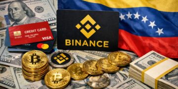 Monedas físicas de bitcoin, criptomonedas, con el logo de Binance, tarjetas bancarias y la bandera de Venezuela, así como dólares.