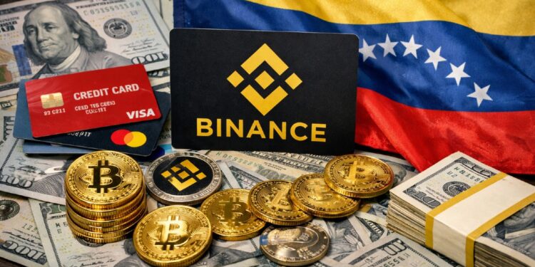 Monedas físicas de bitcoin, criptomonedas, con el logo de Binance, tarjetas bancarias y la bandera de Venezuela, así como dólares.