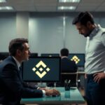 Imagen de jefe despidiendo a empleado en una oficina que tiene logos de Binance.