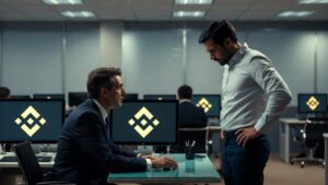Imagen de jefe despidiendo a empleado en una oficina que tiene logos de Binance.