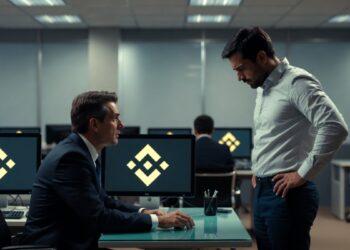 Imagen de jefe despidiendo a empleado en una oficina que tiene logos de Binance.