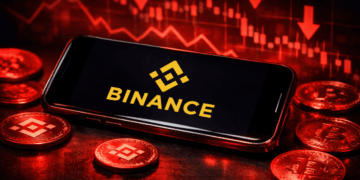 Un celular que muestra el logo de Binance rodeado de monedas físicas de BNB y gráficos de precio rojos.