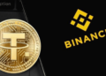 Telefono con el logo de binance y al lado una moneda dorada con el símbolo de Tether (USDT)